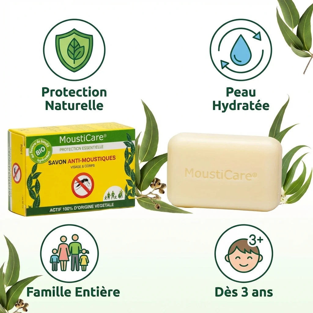 Savon anti-moustiques bio MoustiCare 100g avec bénéfices naturels et protection famille dès 3 ans