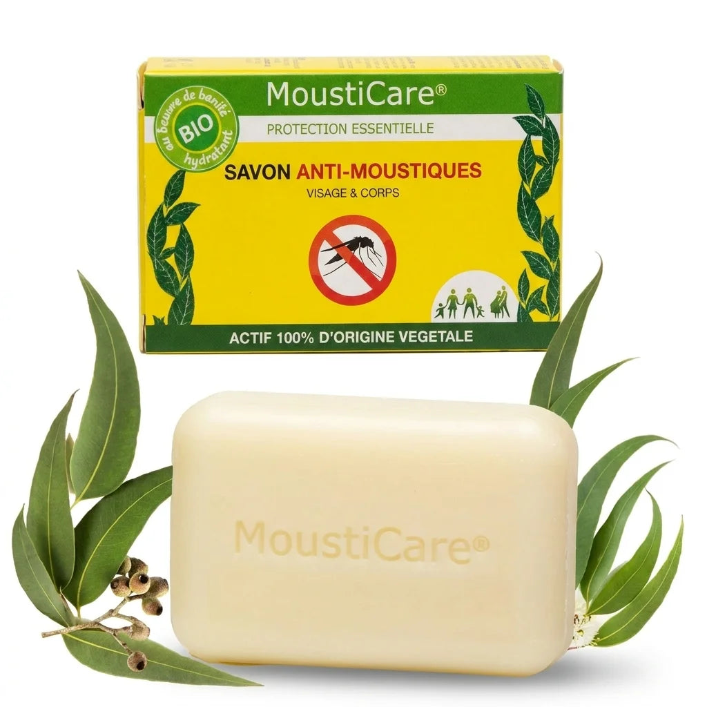 Savon anti-moustiques bio MoustiCare 100g avec boîte jaune-vert et barre blanche