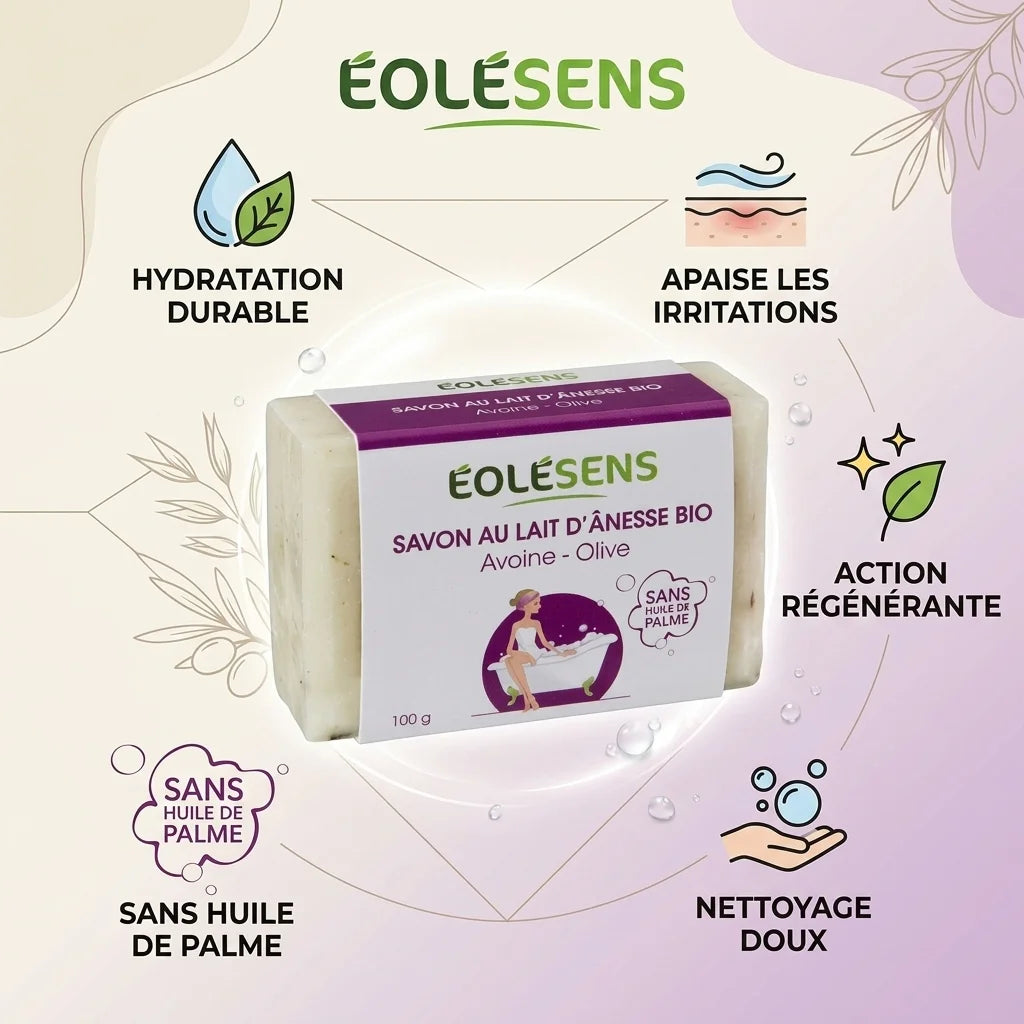 Savon lait d'ânesse bio Eolesens 100g avoine olive avec bénéfices hydratation apaisement régénération