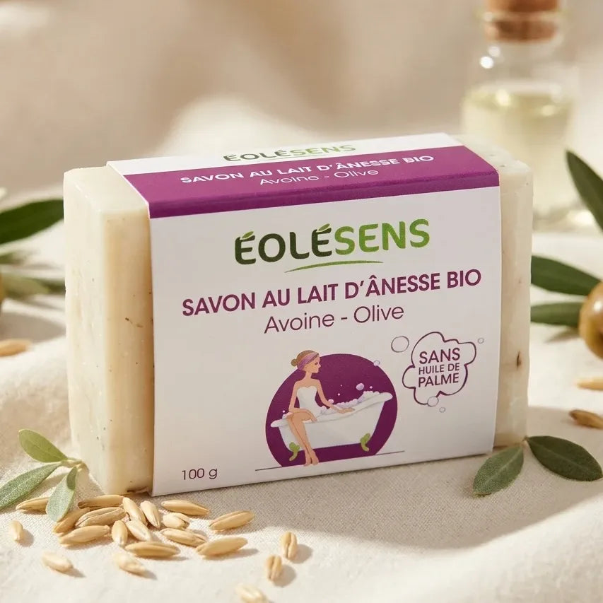 Savon bio lait d'ânesse Eolesens avoine olive 100g emballage blanc violet