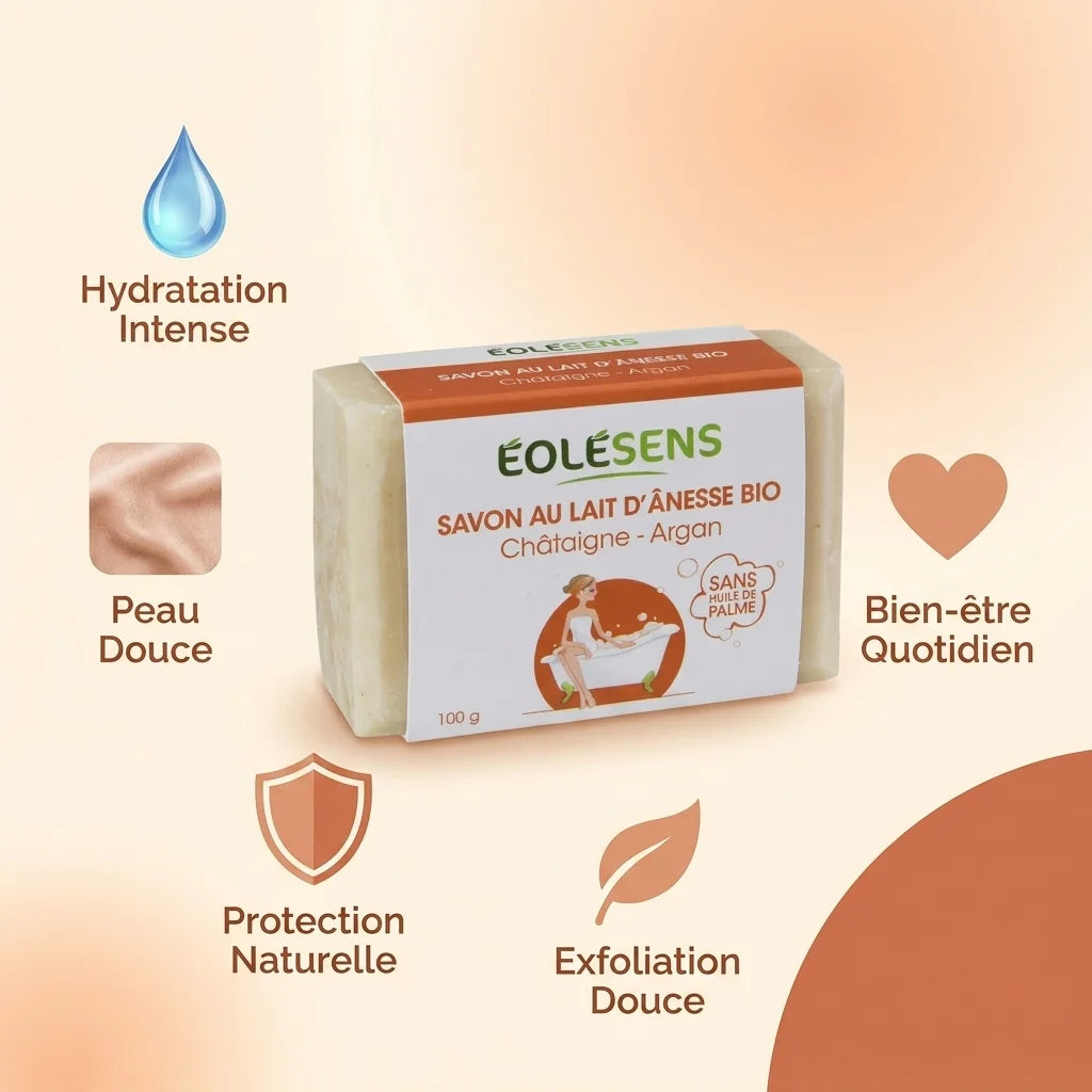 Savon lait d'ânesse bio Châtaigne Argan Eolesens 100g avec ses bénéfices hydratation peau douce