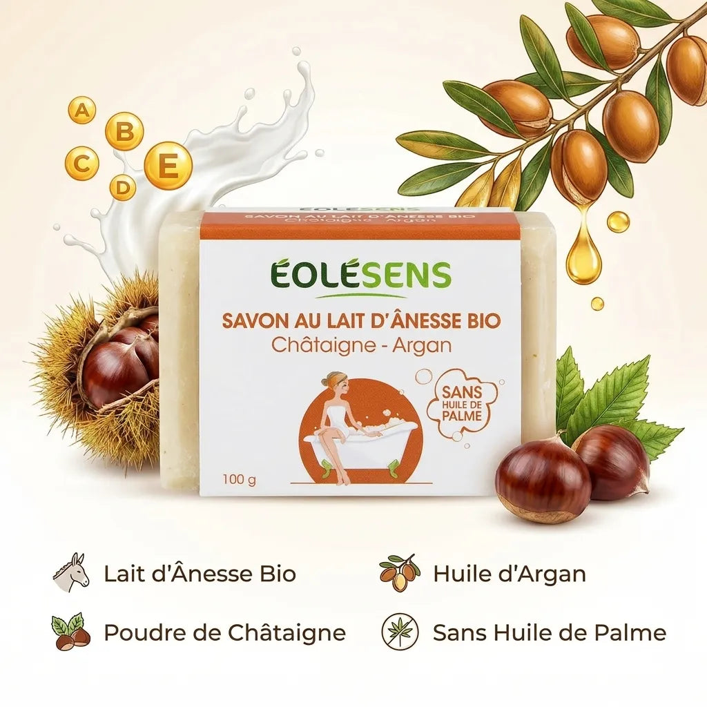 Savon bio lait d'ânesse Eolesens châtaigne argan 100g avec ingrédients naturels