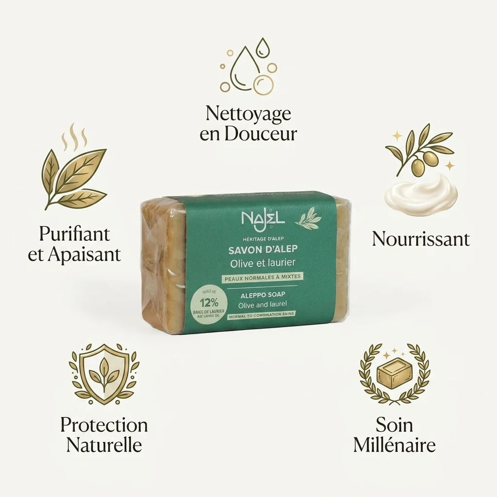 Savon d'Alep Najel 12% huile de baies de laurier 100g avec bénéfices naturels