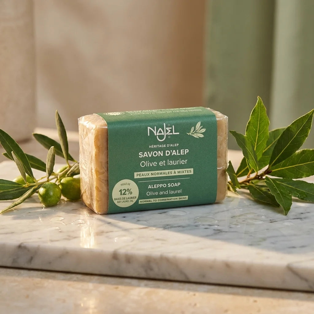 Savon d'Alep Najel 12% huile de baies de laurier sur marbre avec branches d'olivier