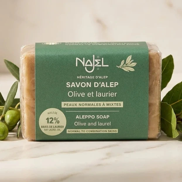 Savon d'Alep Najel 12% huile de baies de laurier 100g avec branches d'olivier et feuilles de laurier