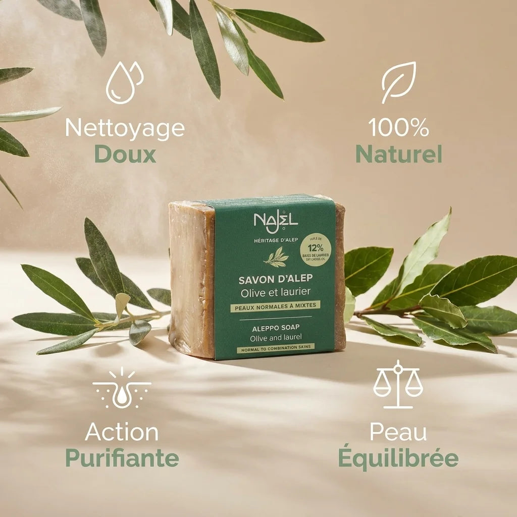 Savon d'Alep Najel 12% huile de baies de laurier avec bénéfices naturels pour la peau