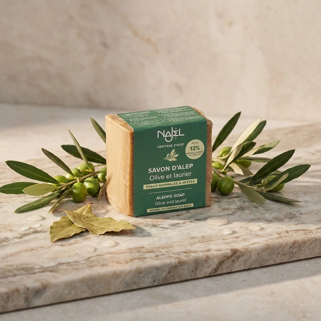 Savon d'Alep Najel 12% huile de baies de laurier 180g sur marbre avec feuilles de laurier