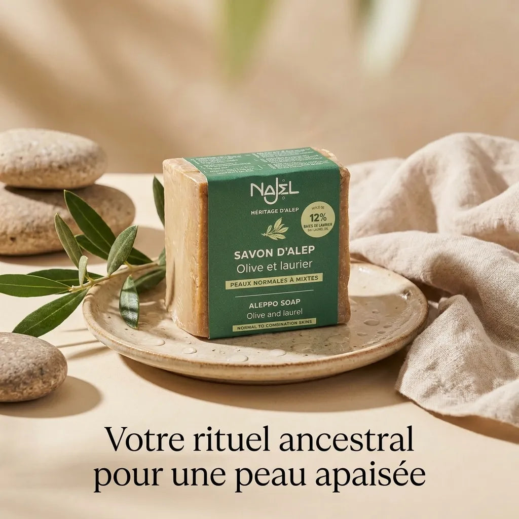 Savon d'Alep Najel 12% huile de baies de laurier 180g avec branches d'olivier et pierre naturelle