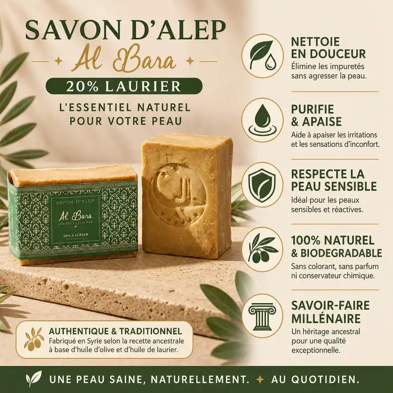 Savon d'Alep 20% laurier Al Bara 200g avec infographie bienfaits naturels et biodégradables