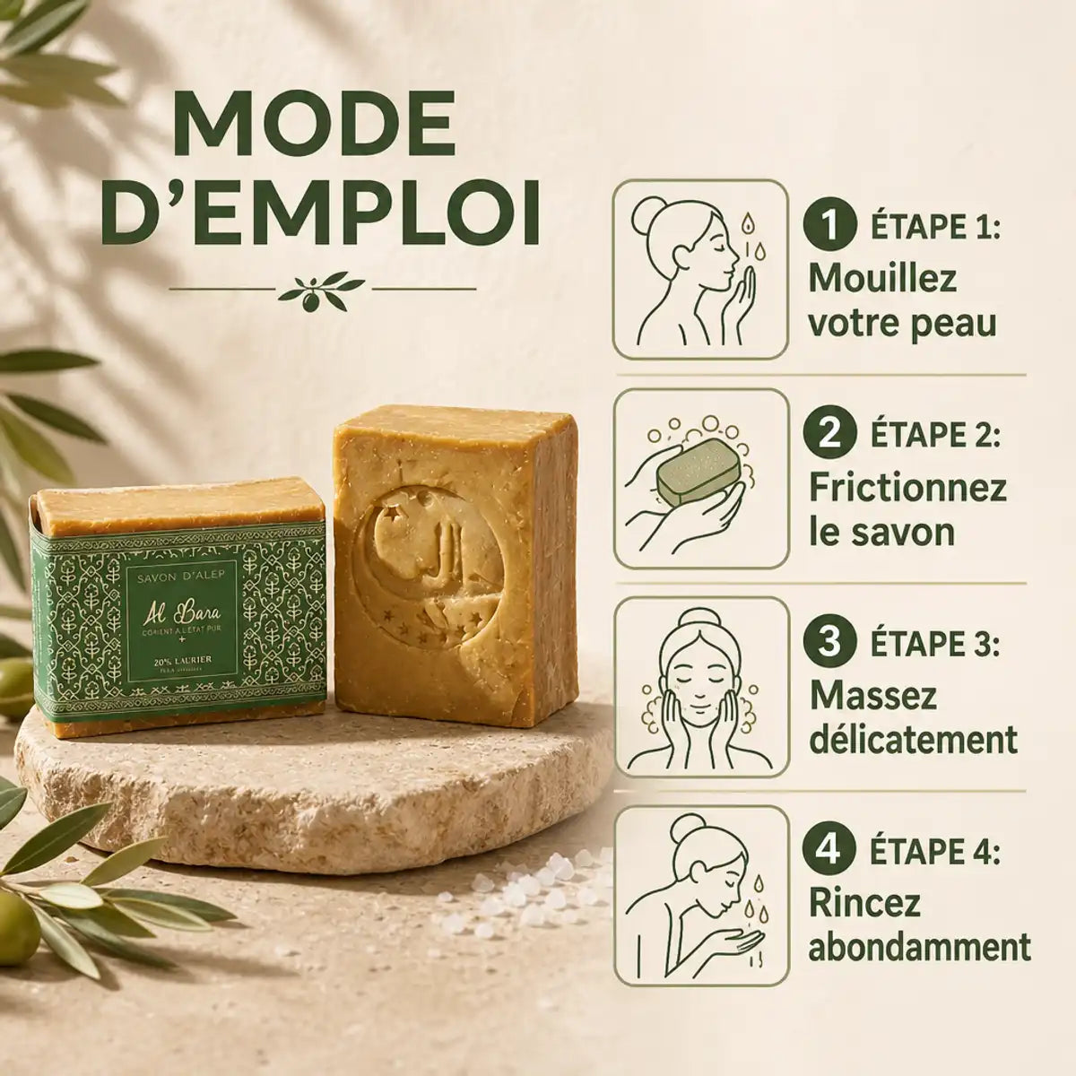 Savon d'Alep 20% Laurier Al Bara avec guide d'utilisation en 4 étapes illustrées