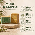 Savon d'Alep 20% Laurier Al Bara avec guide d'utilisation en 4 étapes illustrées
