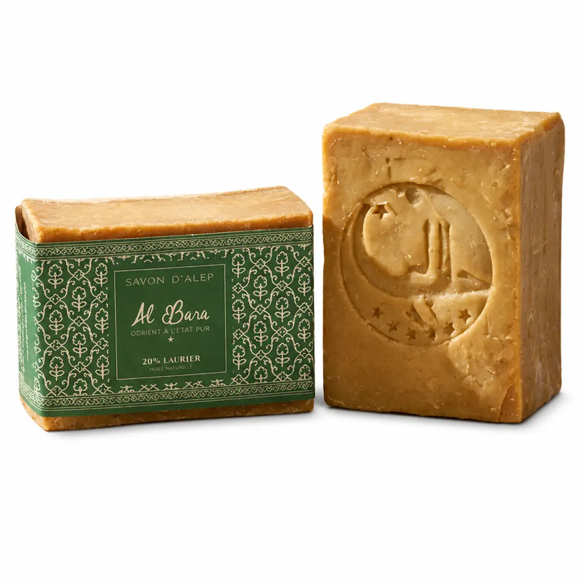 Savon d'Alep Al Bara 20% Laurier 200g avec sa boîte verte sur fond blanc