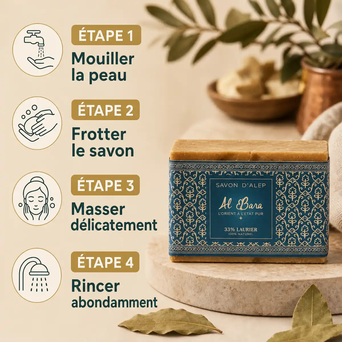 Savon d'Alep 35% Laurier Al Bara 200g avec guide d'utilisation en 4 étapes