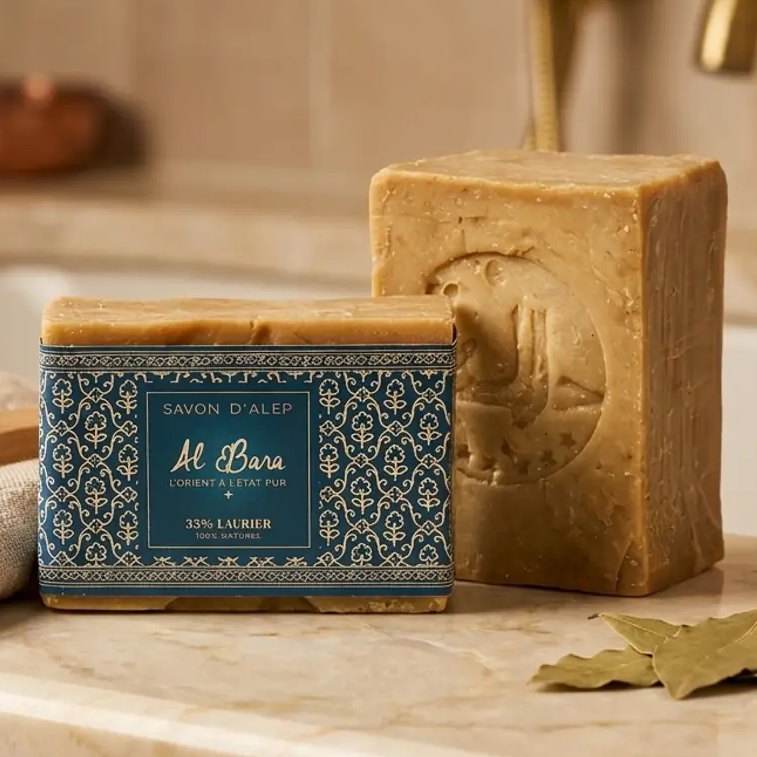 Savon d'Alep Al Bara 35% laurier sur surface marbre avec accessoires bain naturels