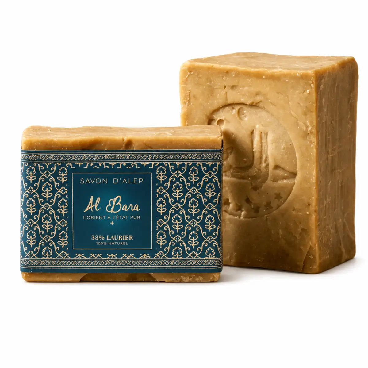 Savon d'Alep 35% laurier Al Bara 200g avec emballage bleu et or