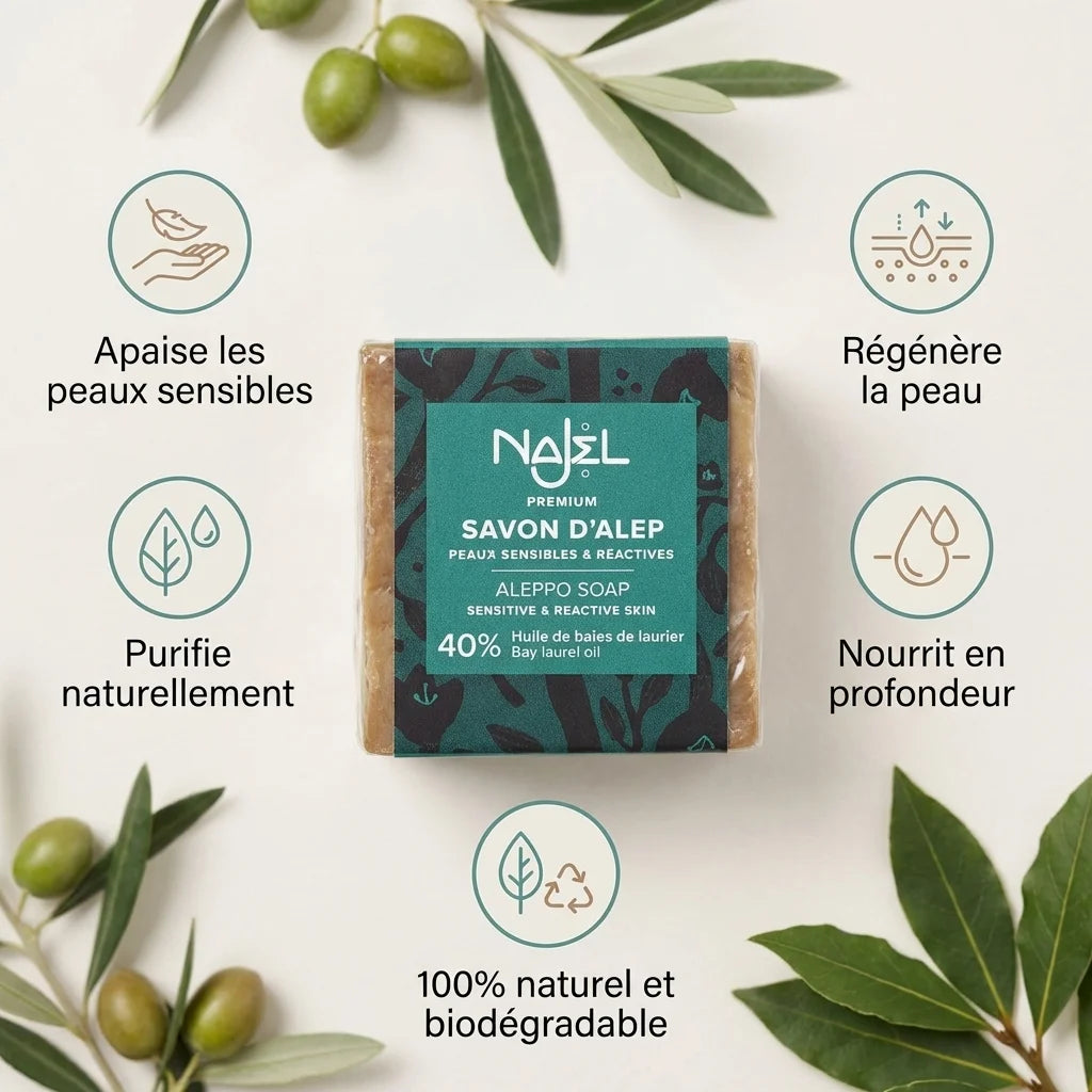 Savon d'Alep Najel 40% huile de laurier avec ses 5 bénéfaits naturels pour la peau