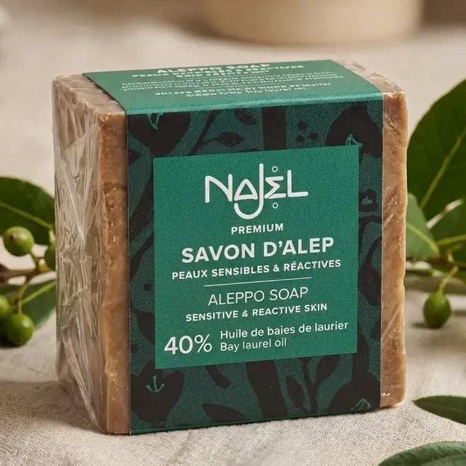 Savon d'Alep Najel 40% huile baies laurier 185g avec branches laurier et feuilles olives