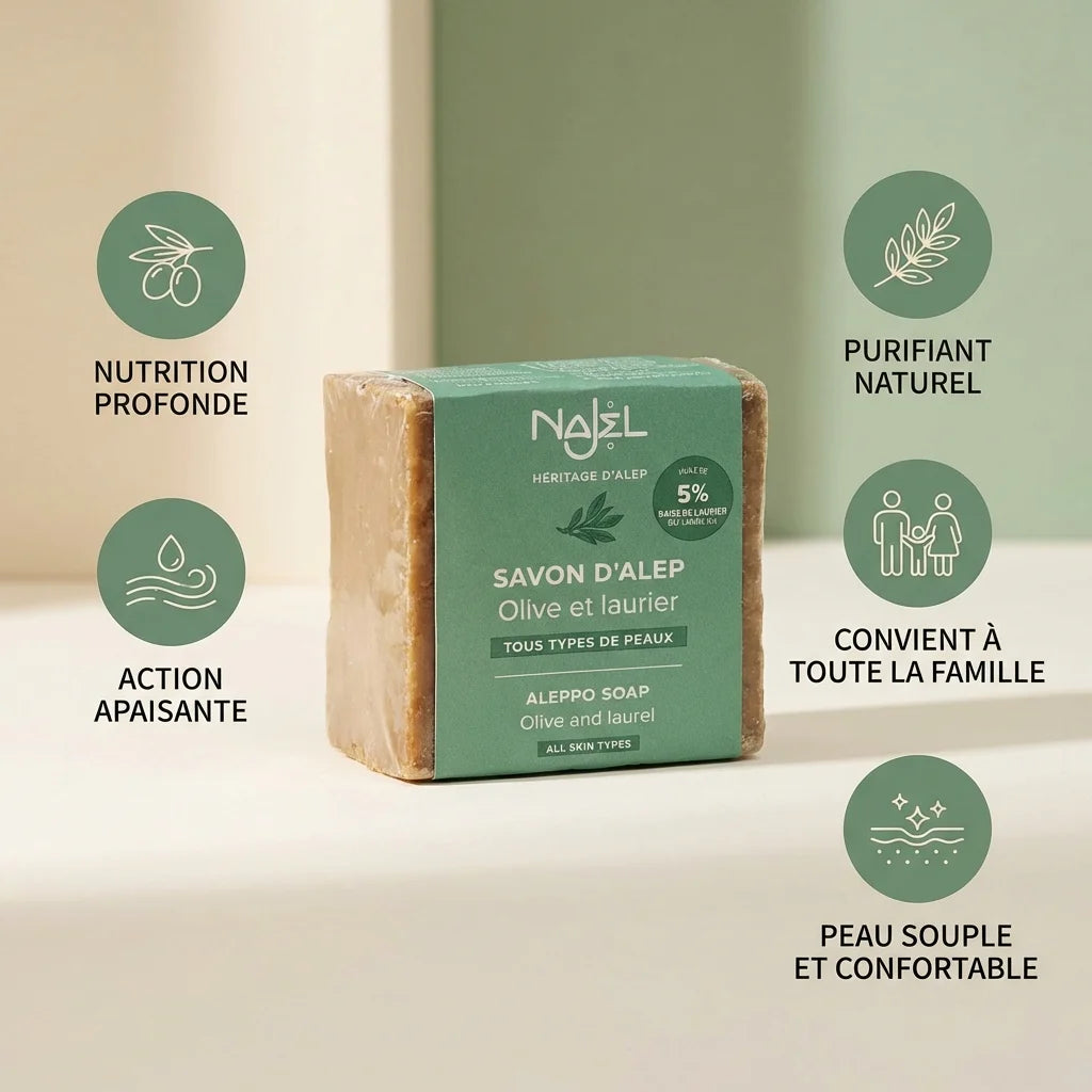 Savon d'Alep Najel 5% HBL 190g avec bénéfices: nutrition, action apaisante, famille