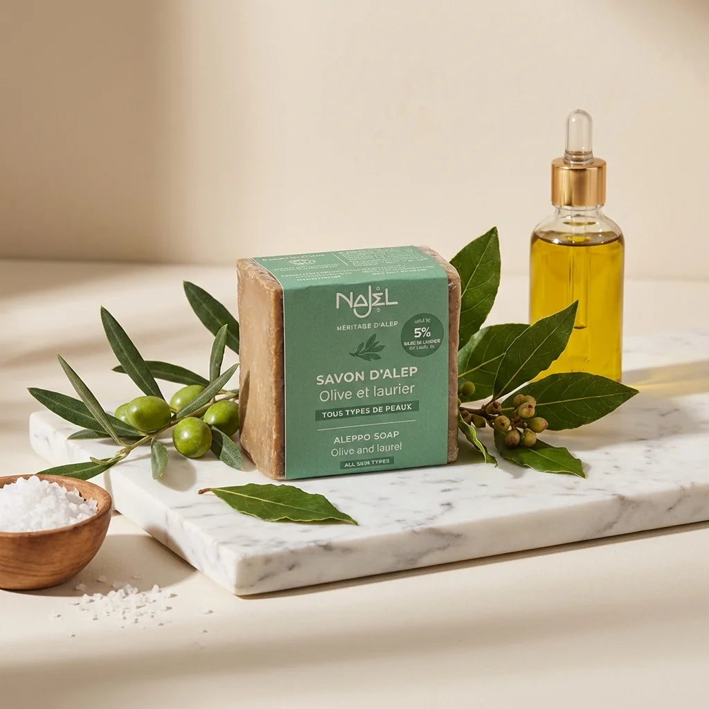 Savon d'Alep Najel 5% HBL 190g avec feuilles de laurier sur marbre