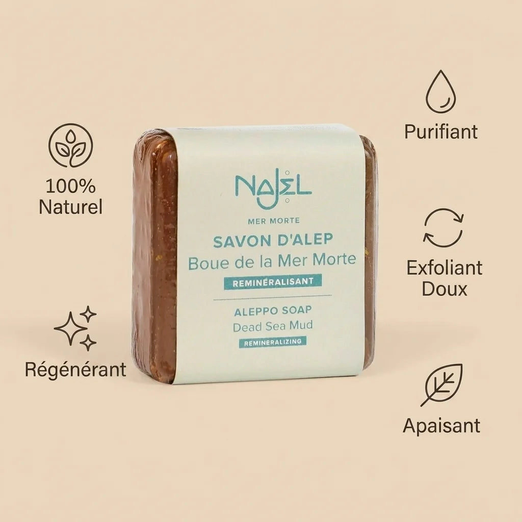 Savon d'Alep Najel à la Boue de la Mer Morte 100g avec bénéfices purifiant et exfoliant