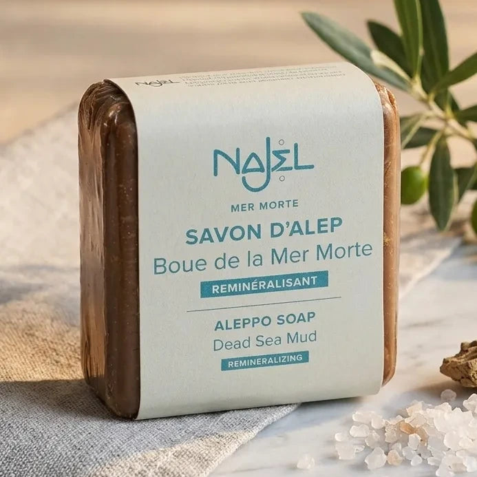 Savon Najel Alep boue Mer Morte 100g sur lin avec cristaux sel et branches olivier