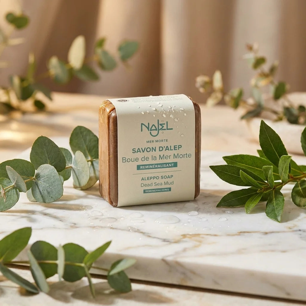 Savon d'Alep Najel à la boue de la Mer Morte 100g sur marbre avec eucalyptus