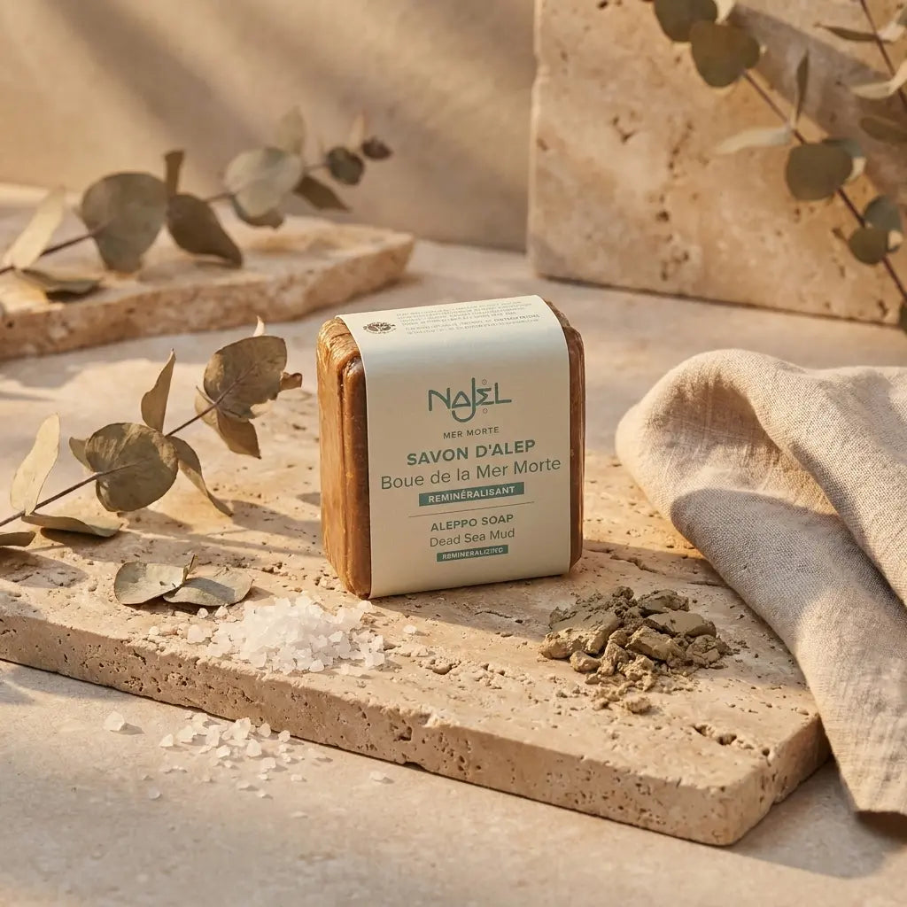 Savon Najel Alep boue Mer Morte 100g sur pierre naturelle, esthétique spa minérale luxe