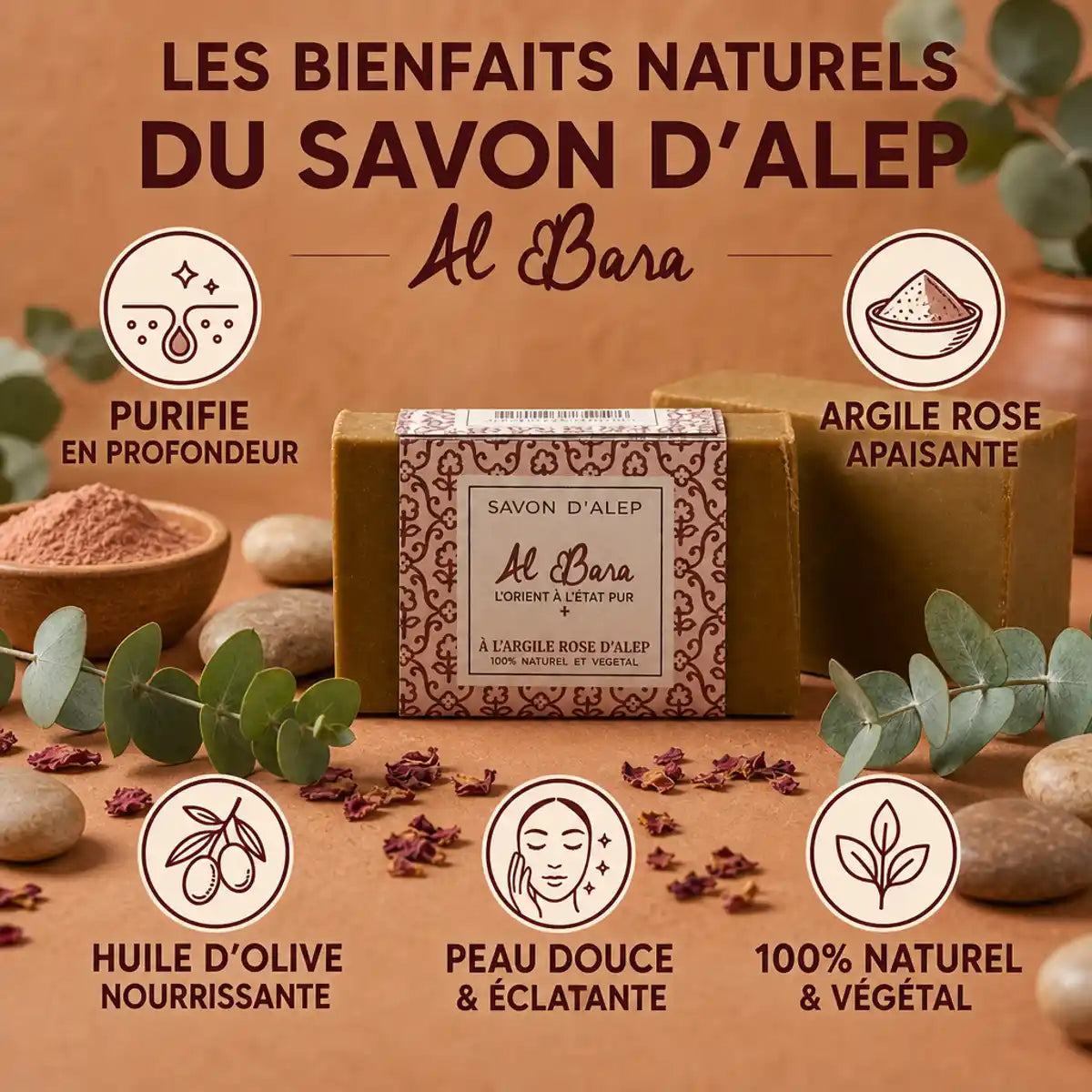 Savon d'Alep argile rose Al Bara 150g avec bénéfices naturels purifie apaise nourrit peau
