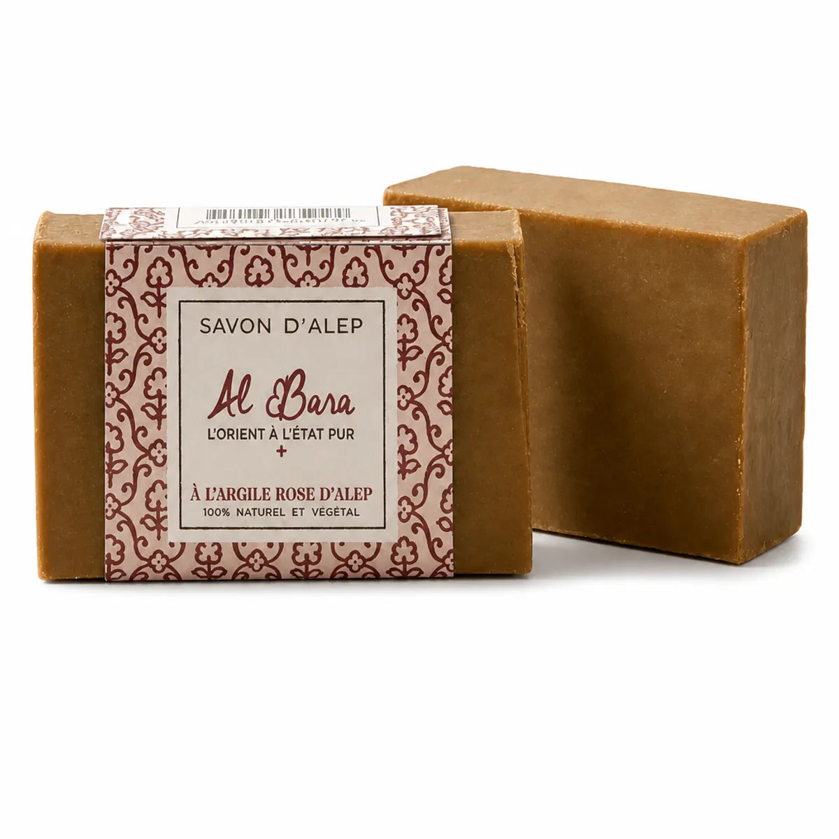 Savon d'Alep à l'argile rose 150g Al Bara naturel végétal sur fond blanc