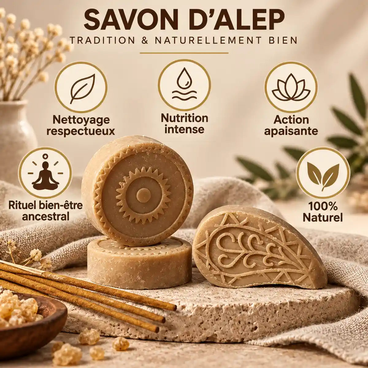Savon Najel Alep 20g à l'encens avec bénéfices naturels, nutrition et action apaisante