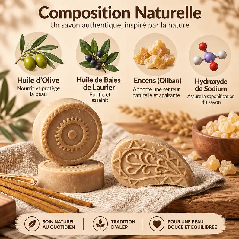 Savon Najel Alep 20g encens avec ingrédients naturels huile olive laurier