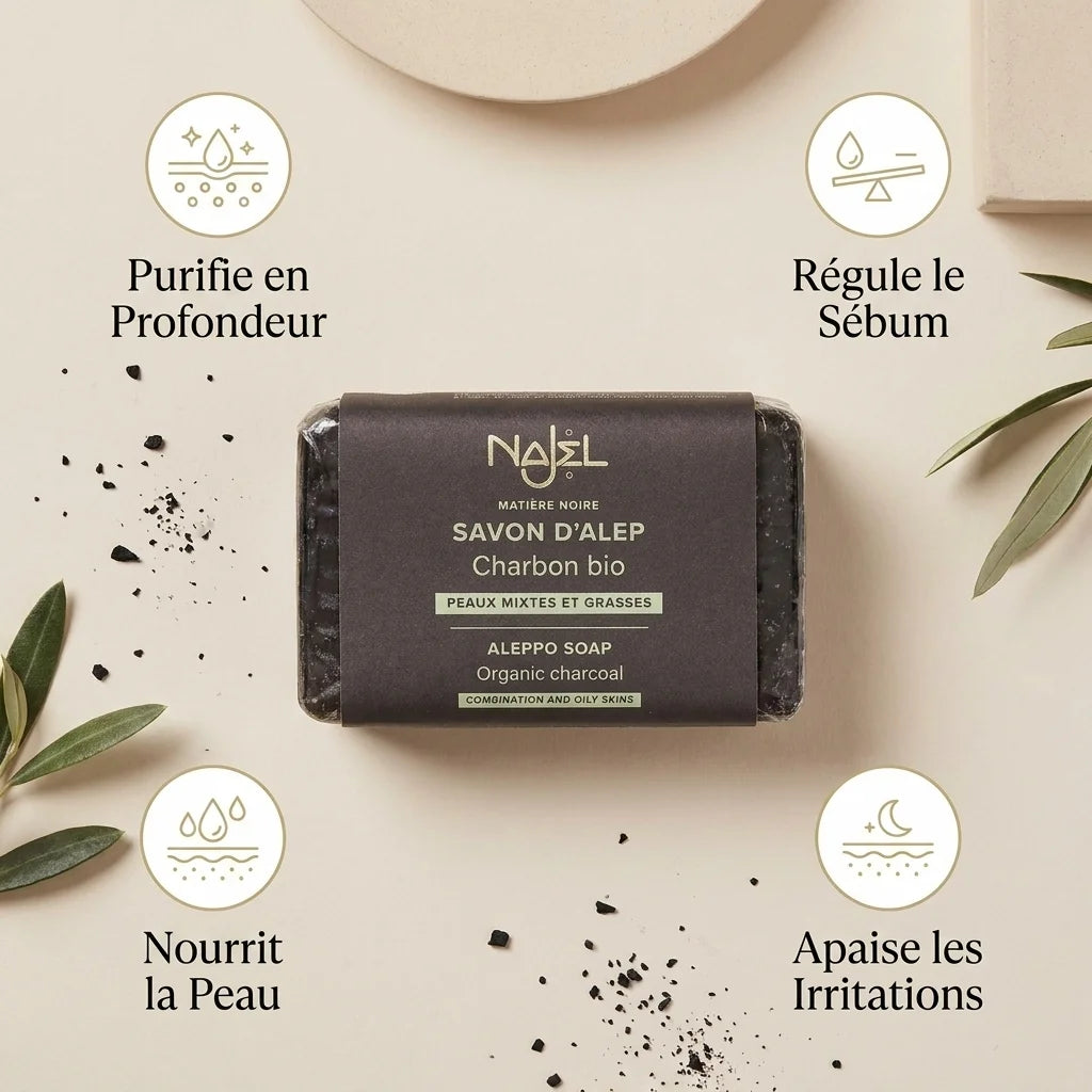 Savon d'Alep Najel charbon bio 100g avec bénéfices purifie sébum nourrit apaise