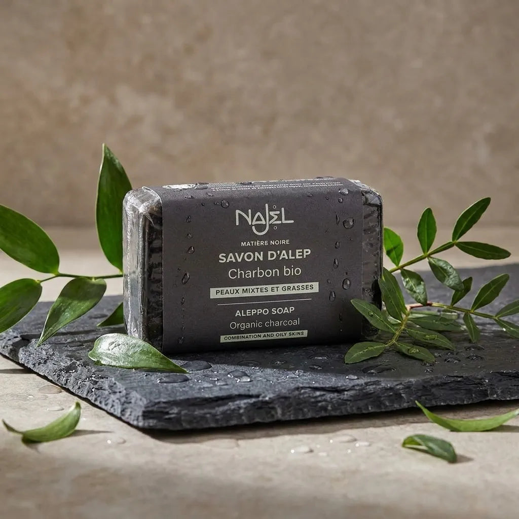 Savon d'Alep au charbon bio Najel 100g sur pierre naturelle avec éléments botaniques