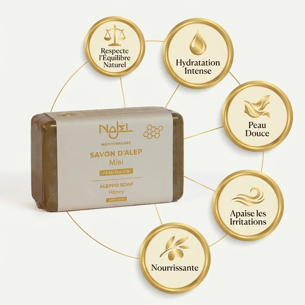 Savon d'Alep Najel au miel 100g avec ses 5 bénéfices : hydratation, douceur, apaisement, nutrition et équilibre naturel