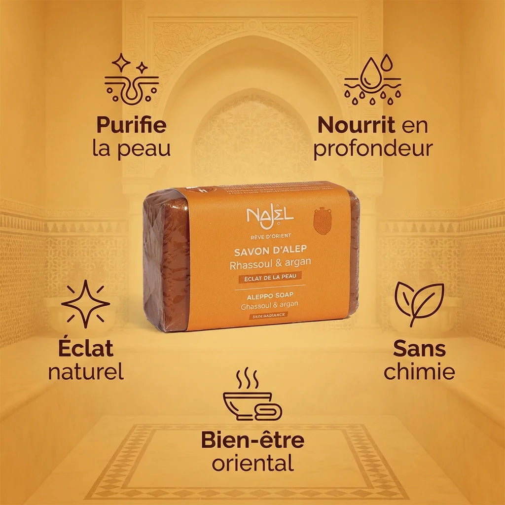 Savon Najel Alep Rhassoul Argan 100g avec icônes bénéfices peau purifiée nourrie naturelle