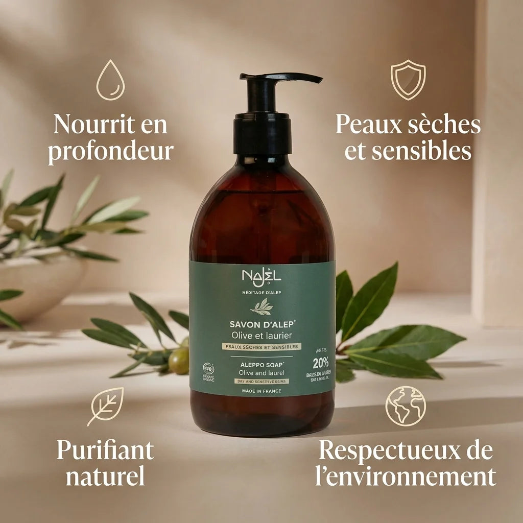 Savon d'Alep liquide Najel 20% HBL 500ml avec ses bénéfices naturels et écologiques