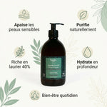 Savon d'Alep liquide Najel 40% HBL 500ml avec infographie bénéfices peaux sensibles