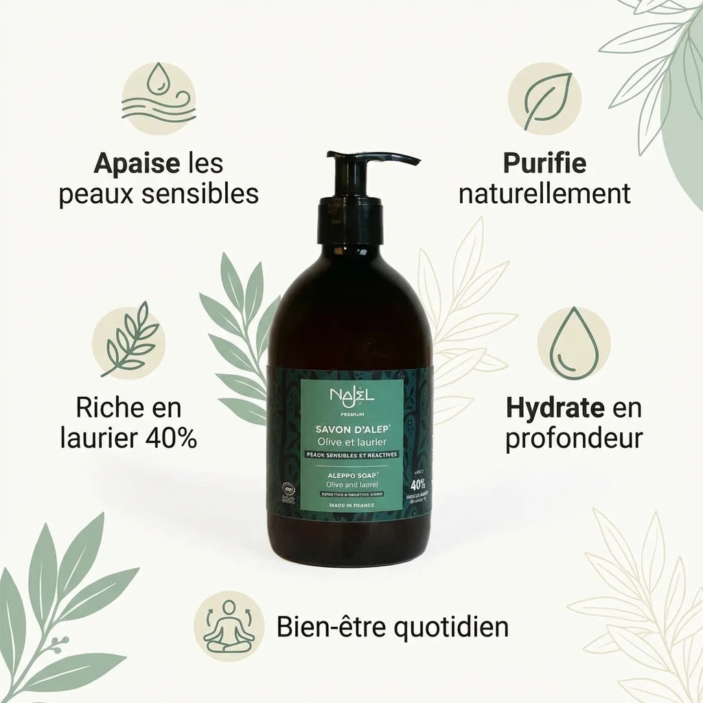 Savon d'Alep liquide Najel 40% HBL 500ml avec infographie bénéfices peaux sensibles