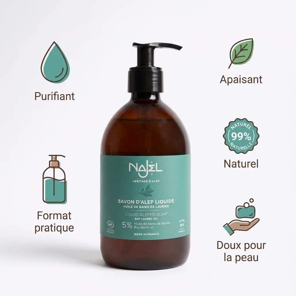 Savon d'Alep liquide Najel 500ml 5% HBL - Purifiant, apaisant et naturel à 99%