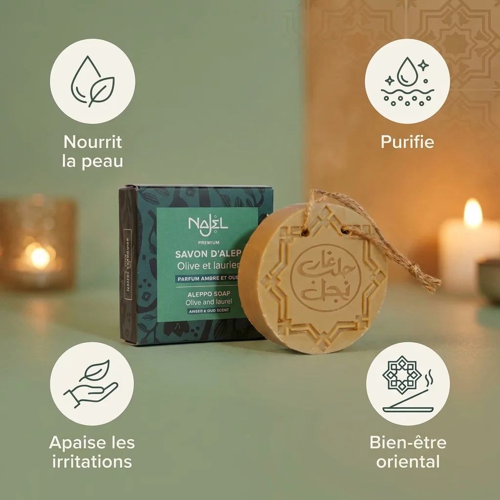 Savon d'Alep Najel Olive & Laurier Ambre & Oud 150g avec bienfaits peau nourrie et purifiée