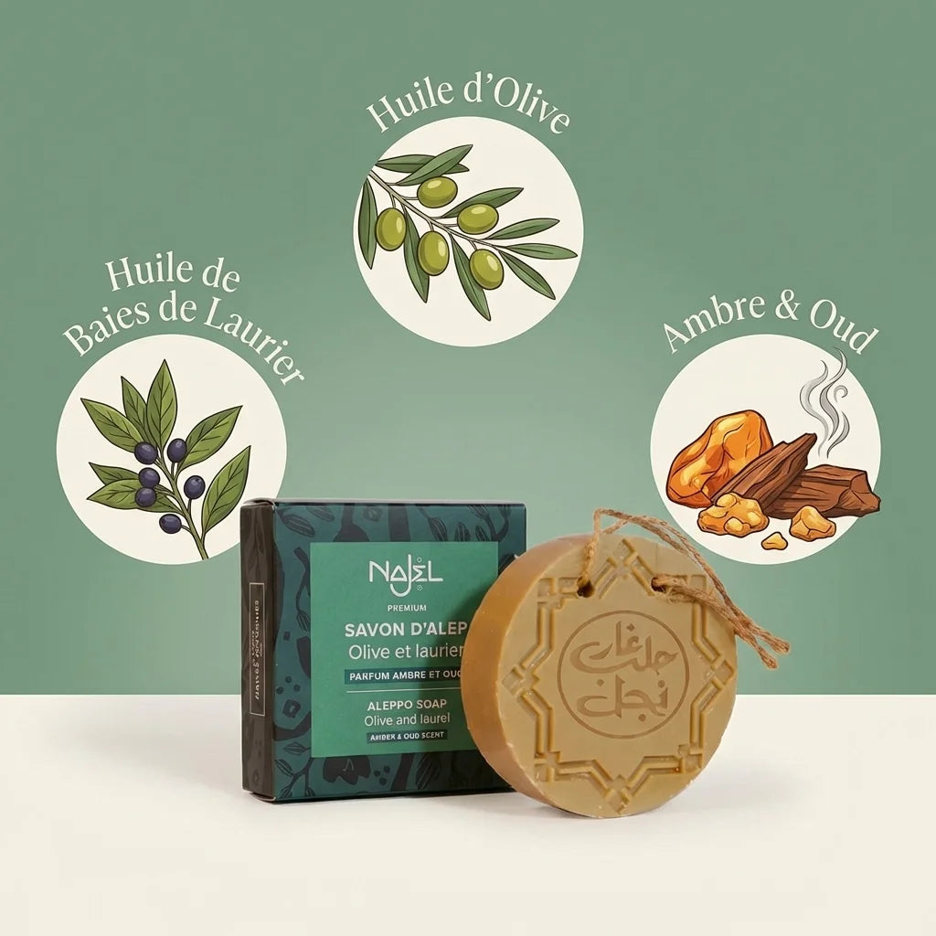 Savon d'Alep Najel Olive & Laurier 150g avec infographie ingrédients naturels Ambre Oud