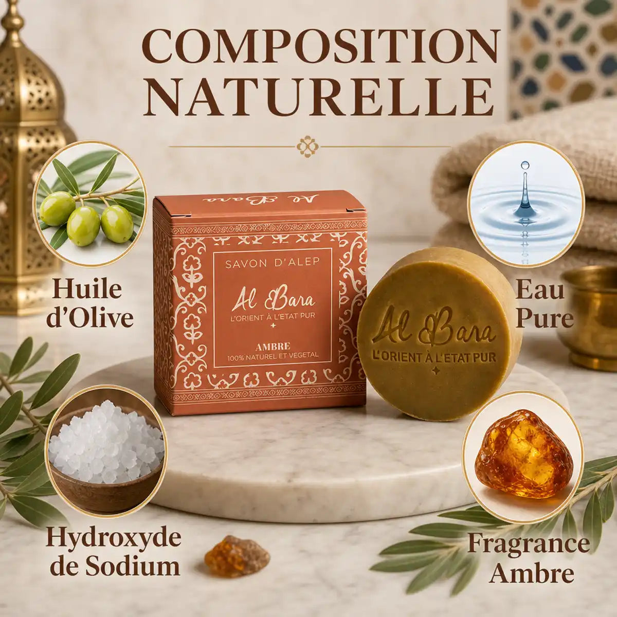 Savon d'Alep Al Bara ambre avec composition naturelle huile d'olive, eau pure et fragrance