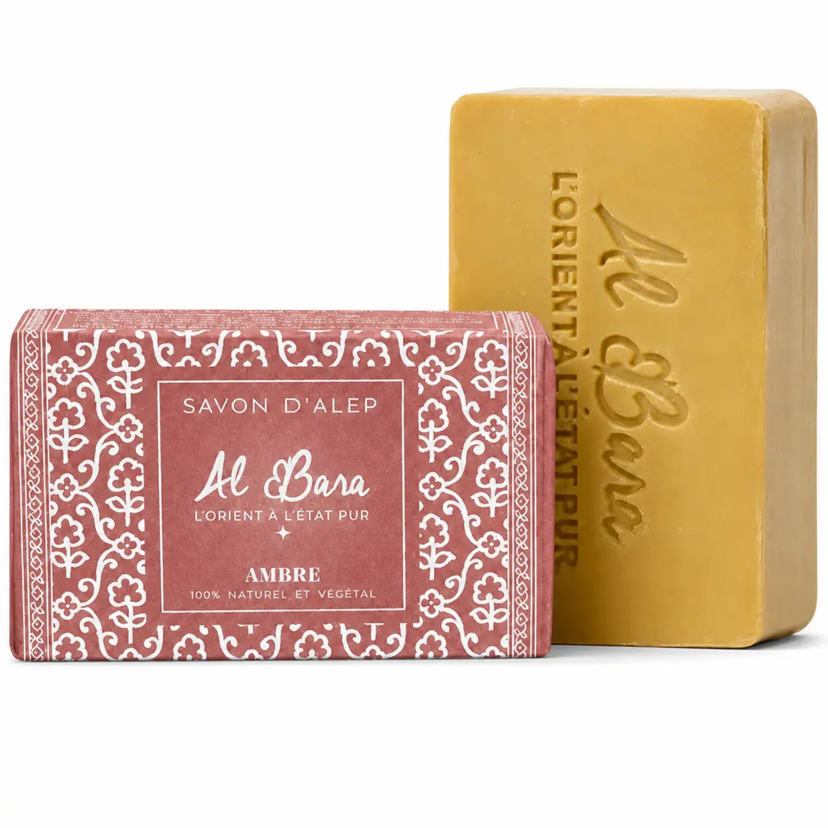 Savon d'Alep Ambre Al Bara avec sa boîte ornée motifs floraux fond blanc
