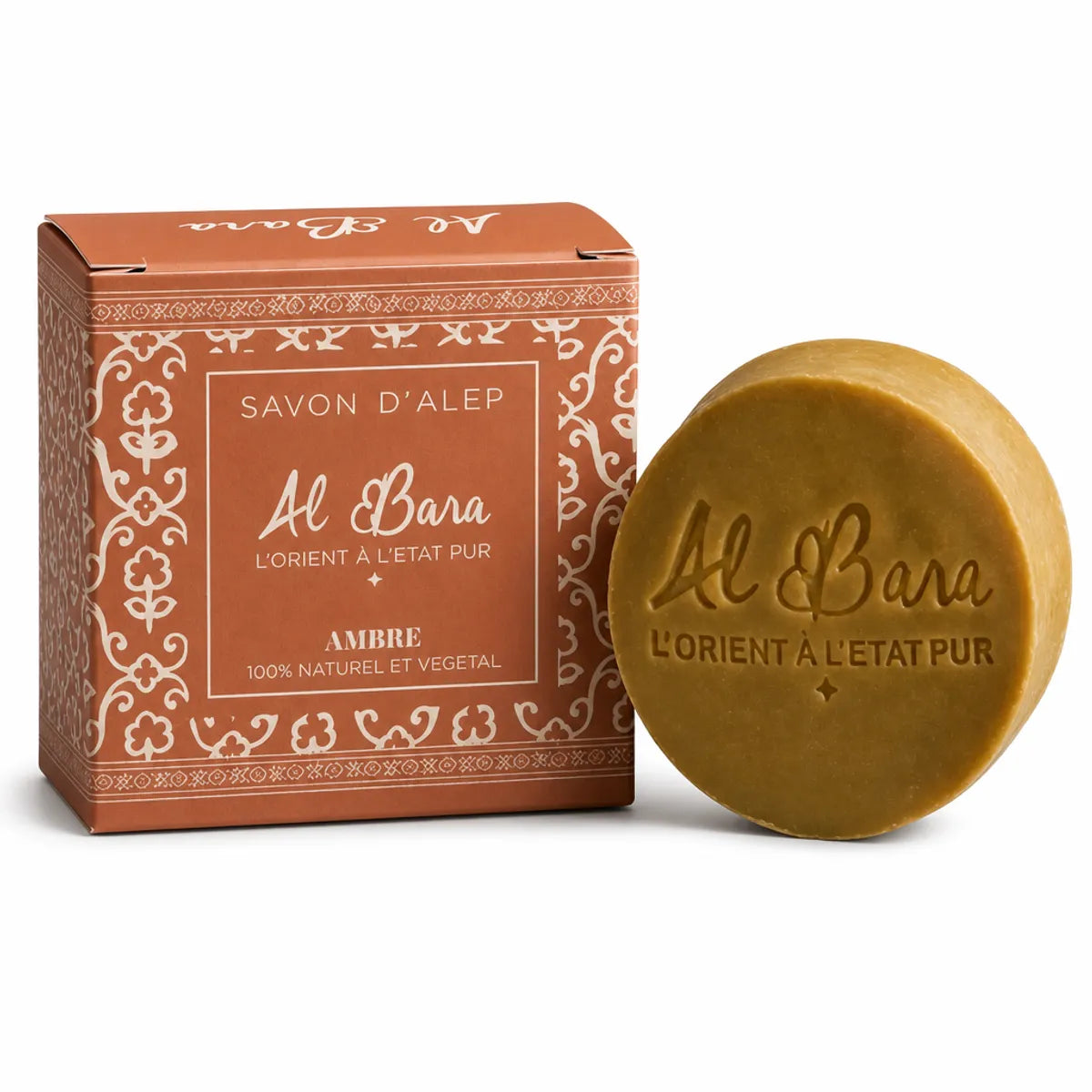 Savon d'Alep parfumé Ambre Al Bara avec emballage box terracotta et motifs islamiques