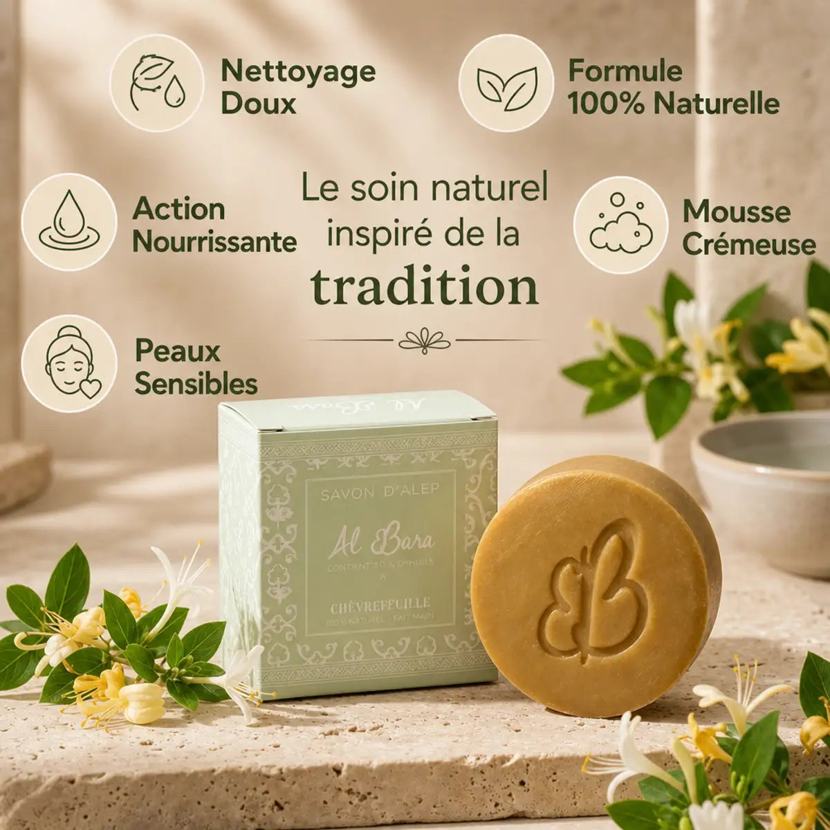 Savon d'Alep Chèvrefeuille Al Bara avec bénéfices : formule naturelle, nettoyage doux et action nourrissante