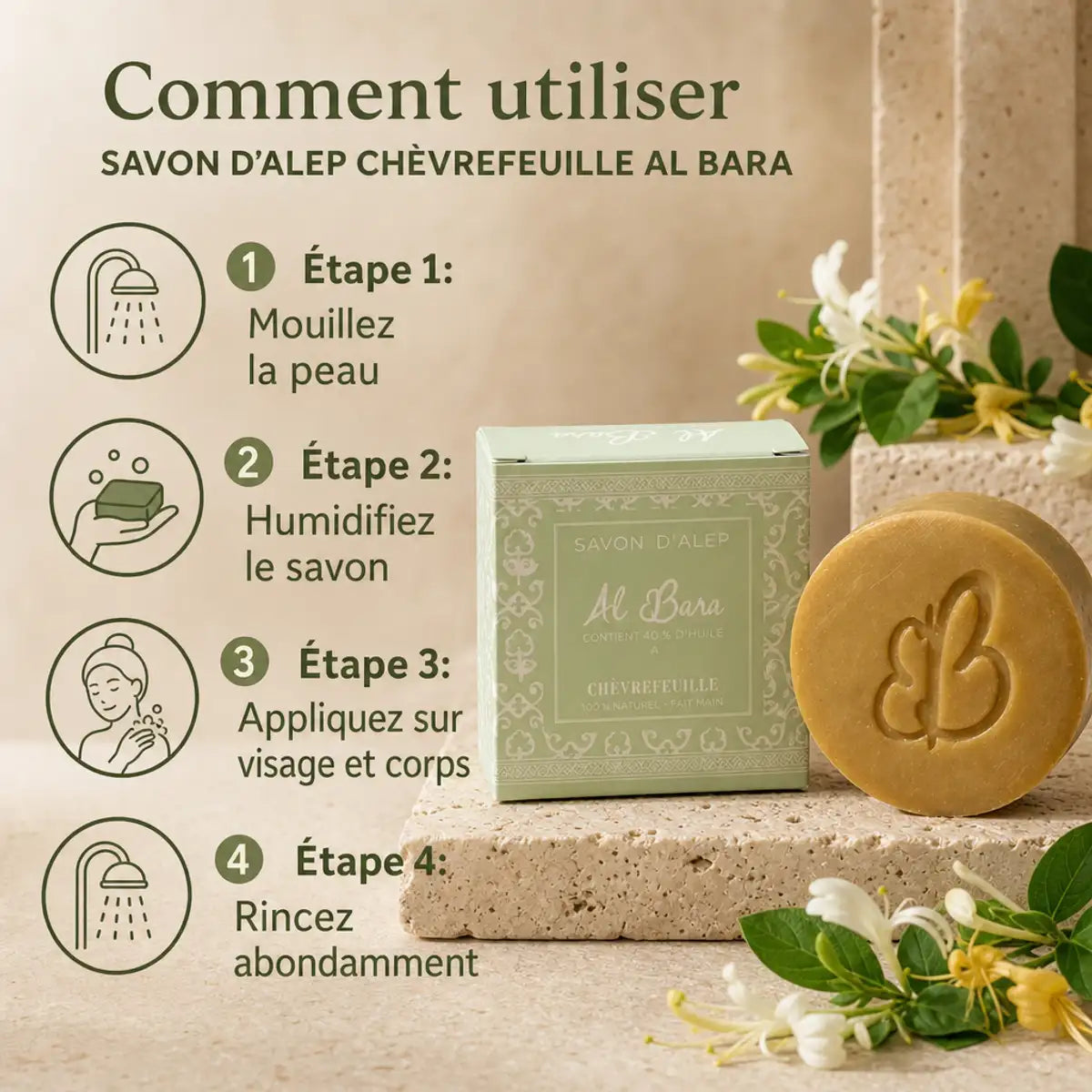 Savon d'Alep Chèvrefeuille Al Bara avec guide d'utilisation en 4 étapes et packaging