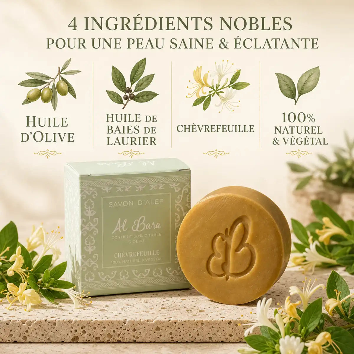 Savon d'Alep Al Bara Chèvrefeuille avec ingrédients naturels huile olive et laurier