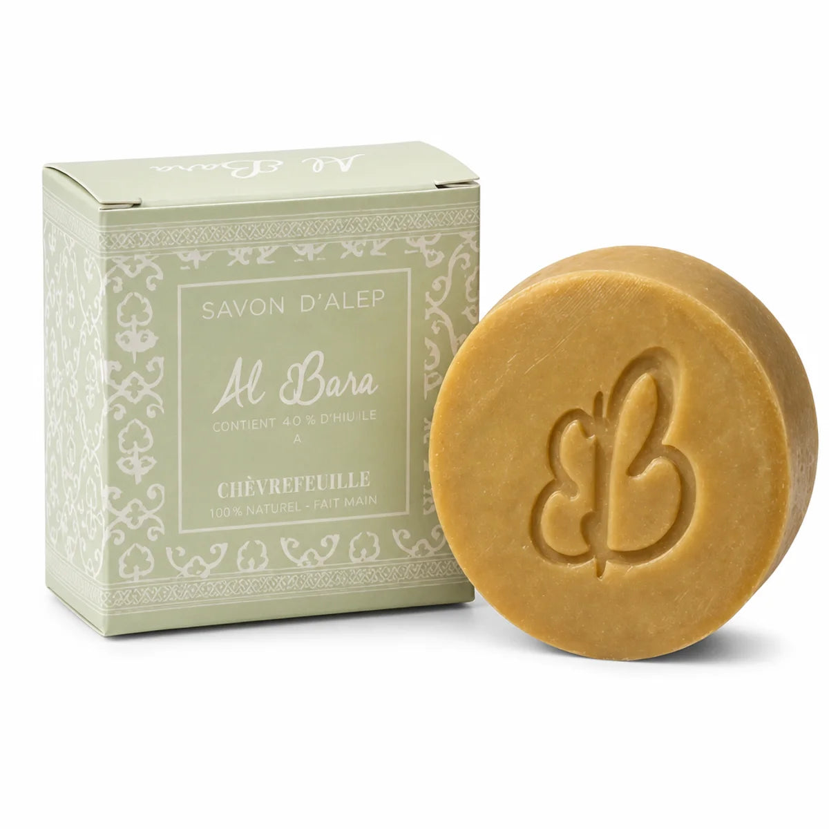 Savon d'Alep Al Bara Chèvrefeuille doré avec emballage vert sage et logo gravé