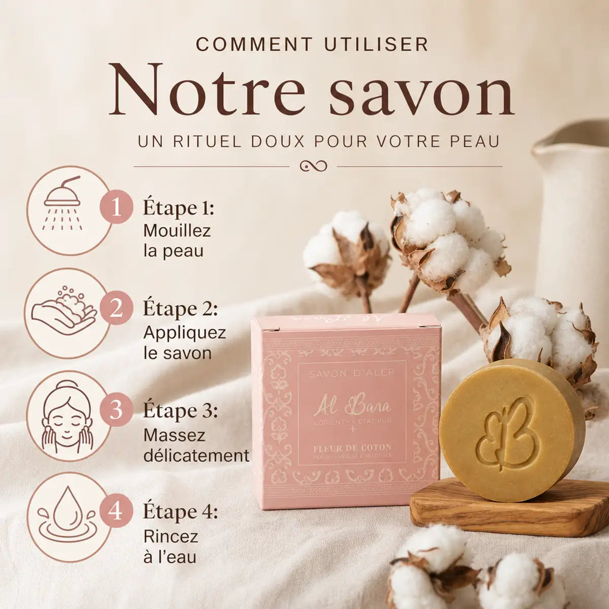 Savon d'Alep Al Bara Fleur de coton avec guide d'utilisation en 4 étapes sur emballage rose