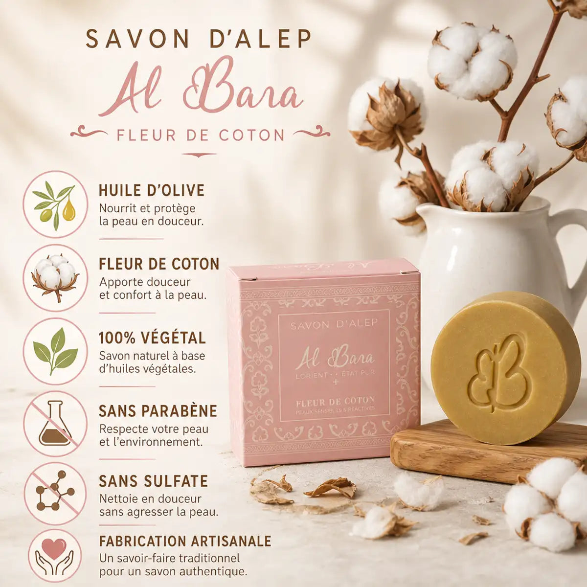 Savon d'Alep Fleur de Coton Al Bara avec ingrédients naturels : huile d'olive, sans parabène